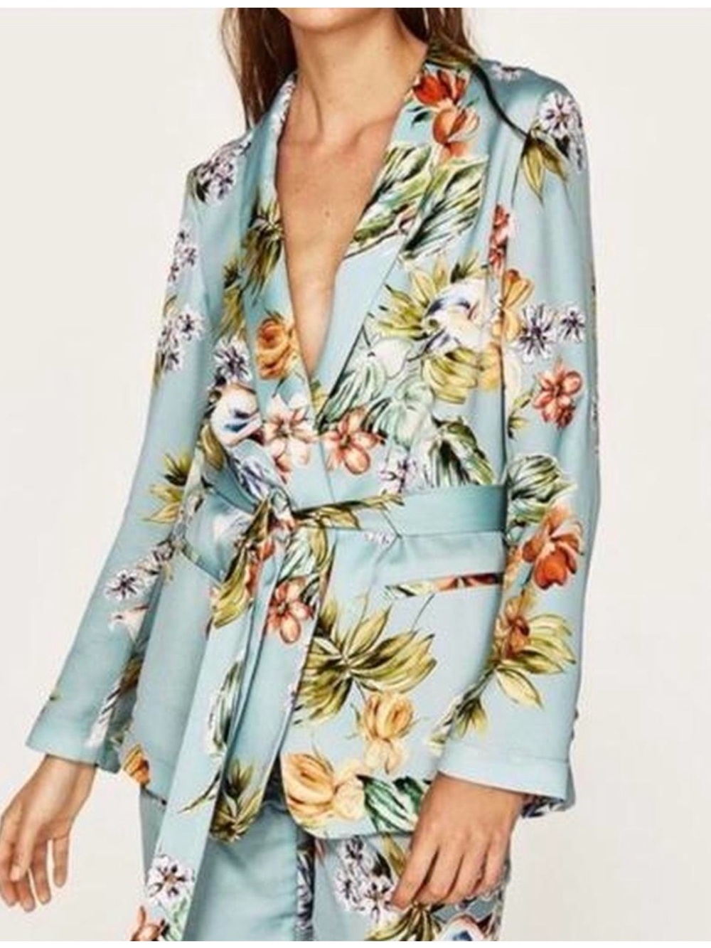 Zara Floral Satin Open Blazer With Belt Size S In Blue Background